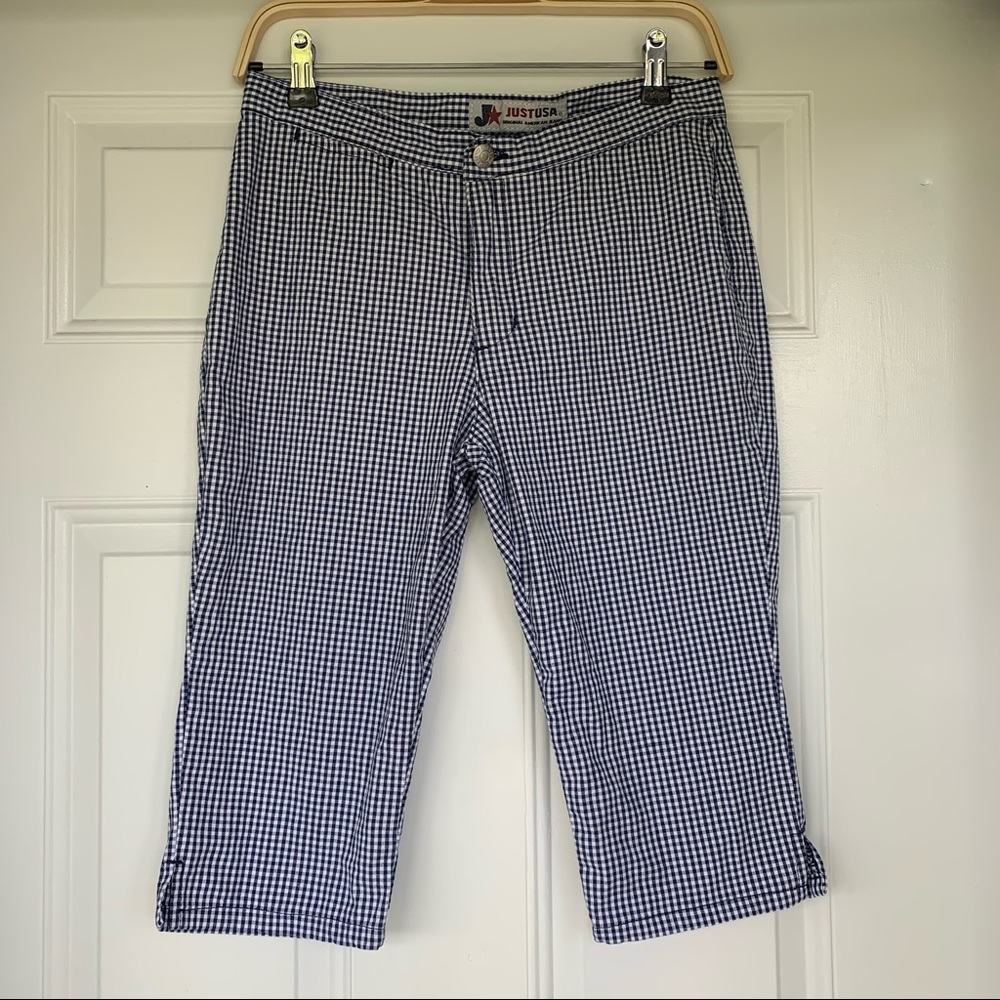 •Just USA• Navy/White Gingham Stretch Capris-Size9